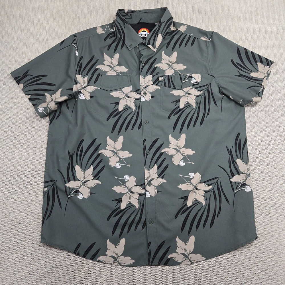 Hurley Shirt Mens Extra Large Green Floral Hawaiian Aloha Tropical Button Down